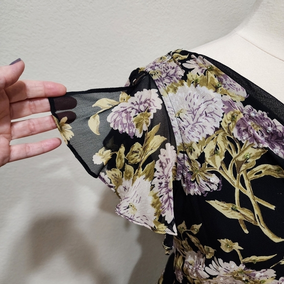 Vintage Y2K Maxi Dress Dark Floral Beading Drape Neck Bodycon Scoop Back size M - Picture 5 of 11